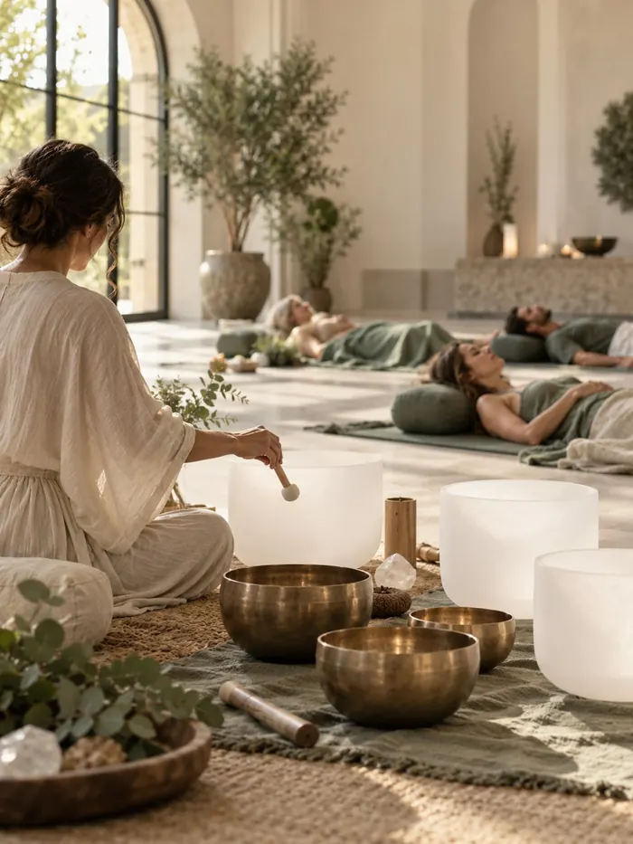 Cena ilustrativa de Sound Healing com taças de cristal e participantes em repouso